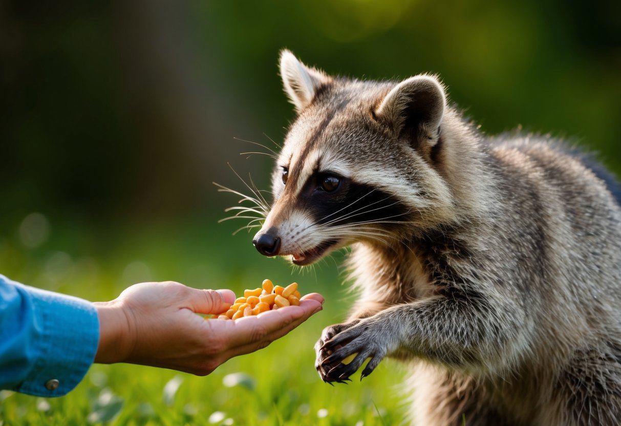 A raccoon cautiously approaches a person offering food, its curious eyes locked on the outstretched hand