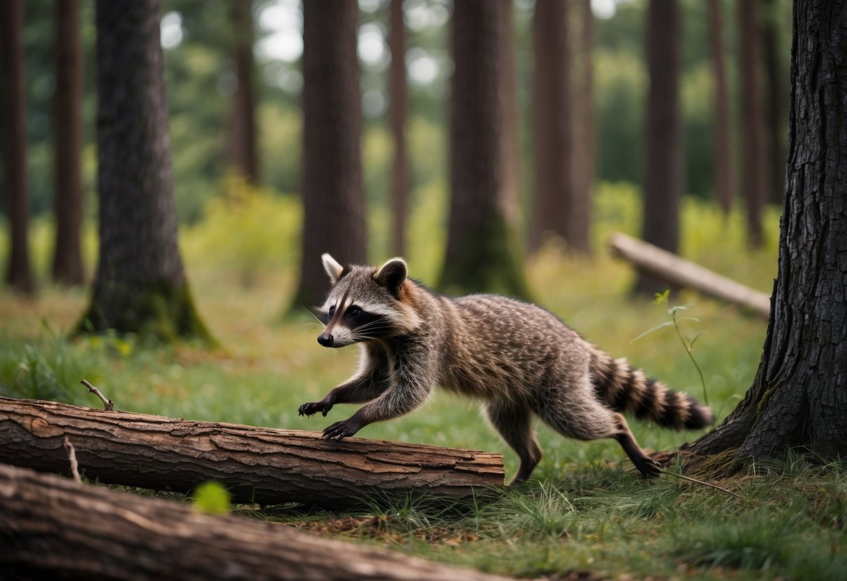 A raccoon chases a figure through a forest, leaping over fallen logs and darting between trees
