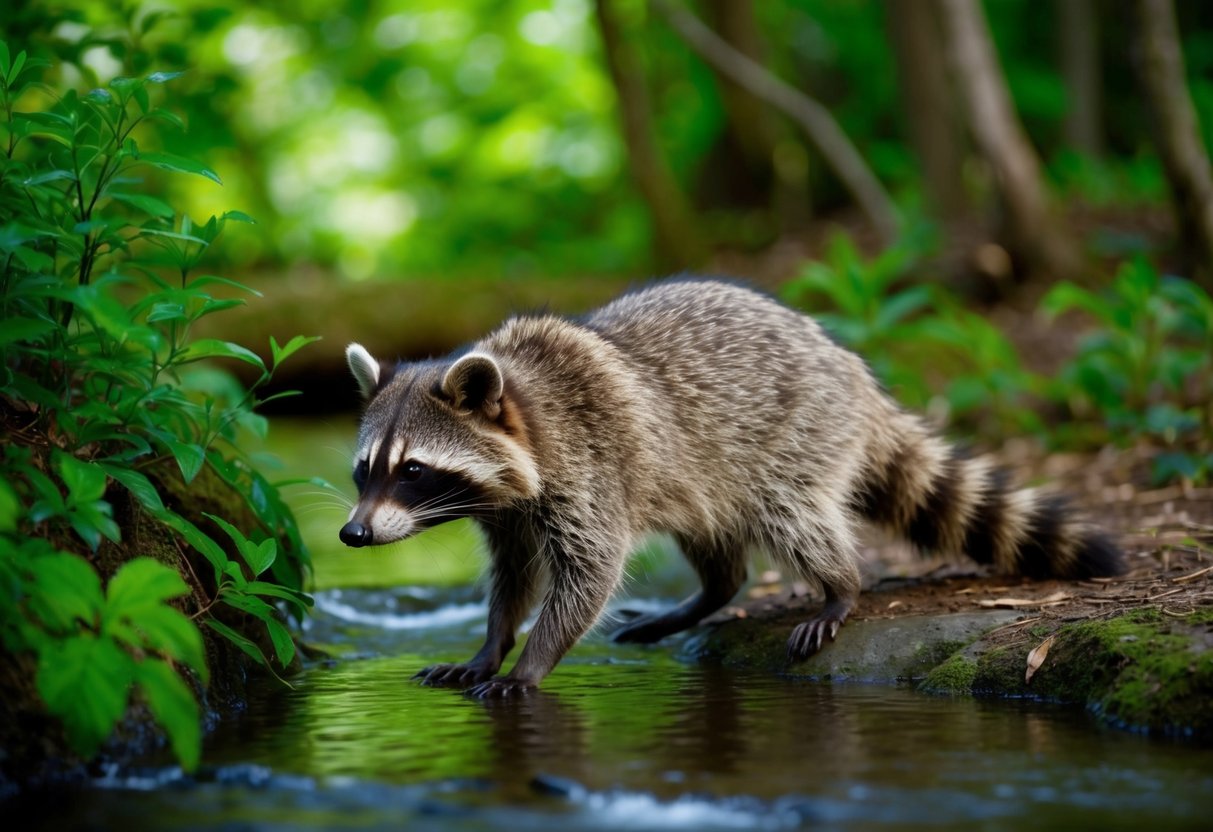 A raccoon cautiously approaches a stream in a lush forest, its bandit-masked face alert as it sniffs the air for potential danger
