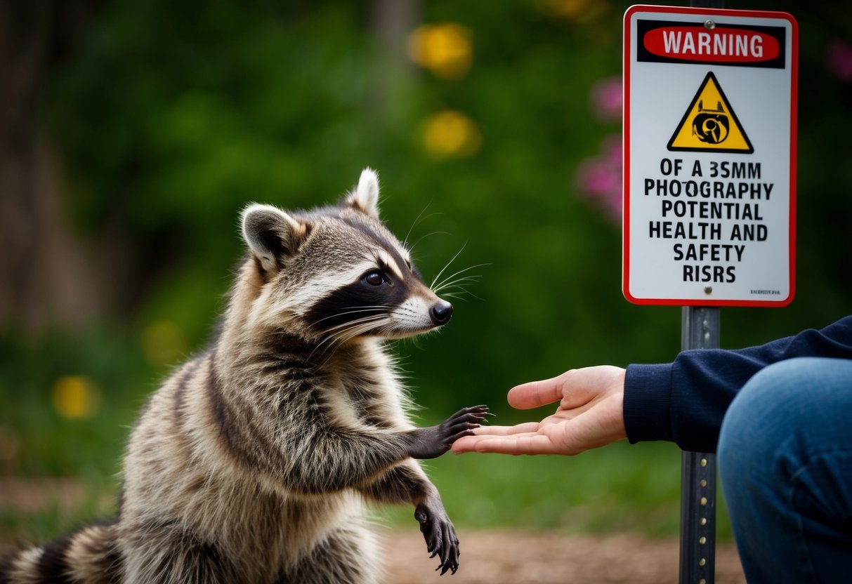 A raccoon cautiously approaches a person's outstretched hand, while a sign nearby warns of potential health and safety risks