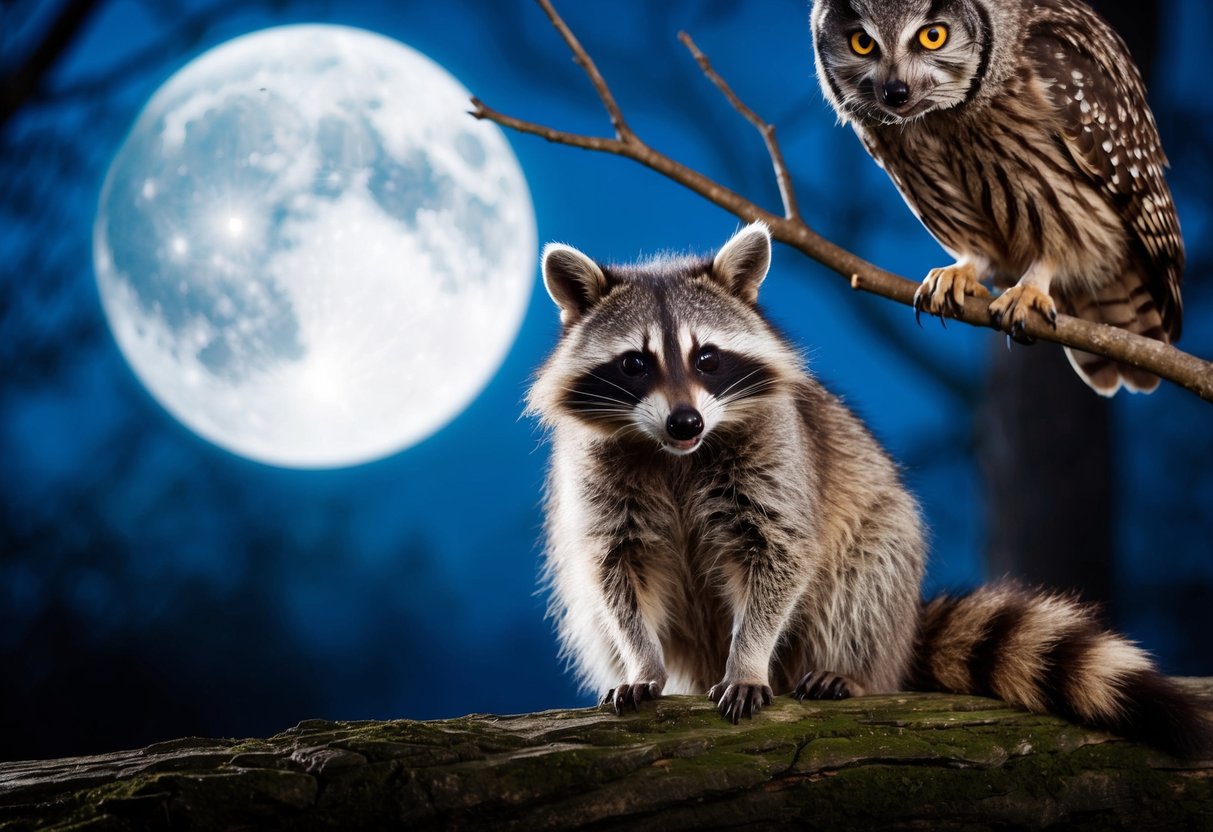 A raccoon cowers in the shadows, eyes wide with fear as a looming owl perches on a nearby branch, its sharp talons glinting in the moonlight