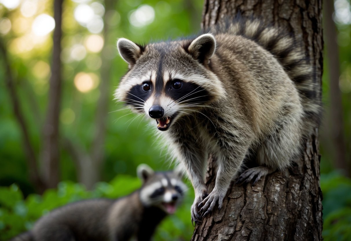 A raccoon cowers in a tree, eyes wide with fear as a large predator looms below