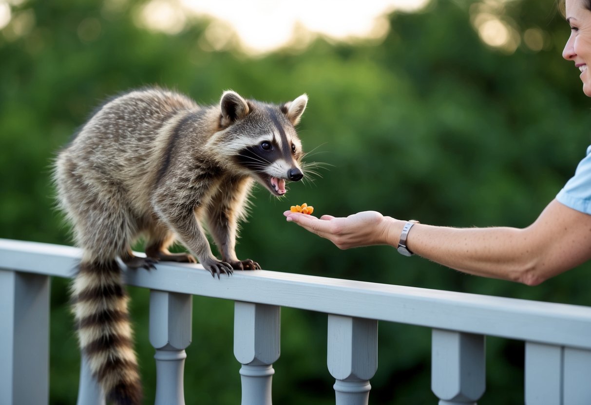 A raccoon perches on a porch railing, eagerly accepting food from a caregiver's outstretched hand