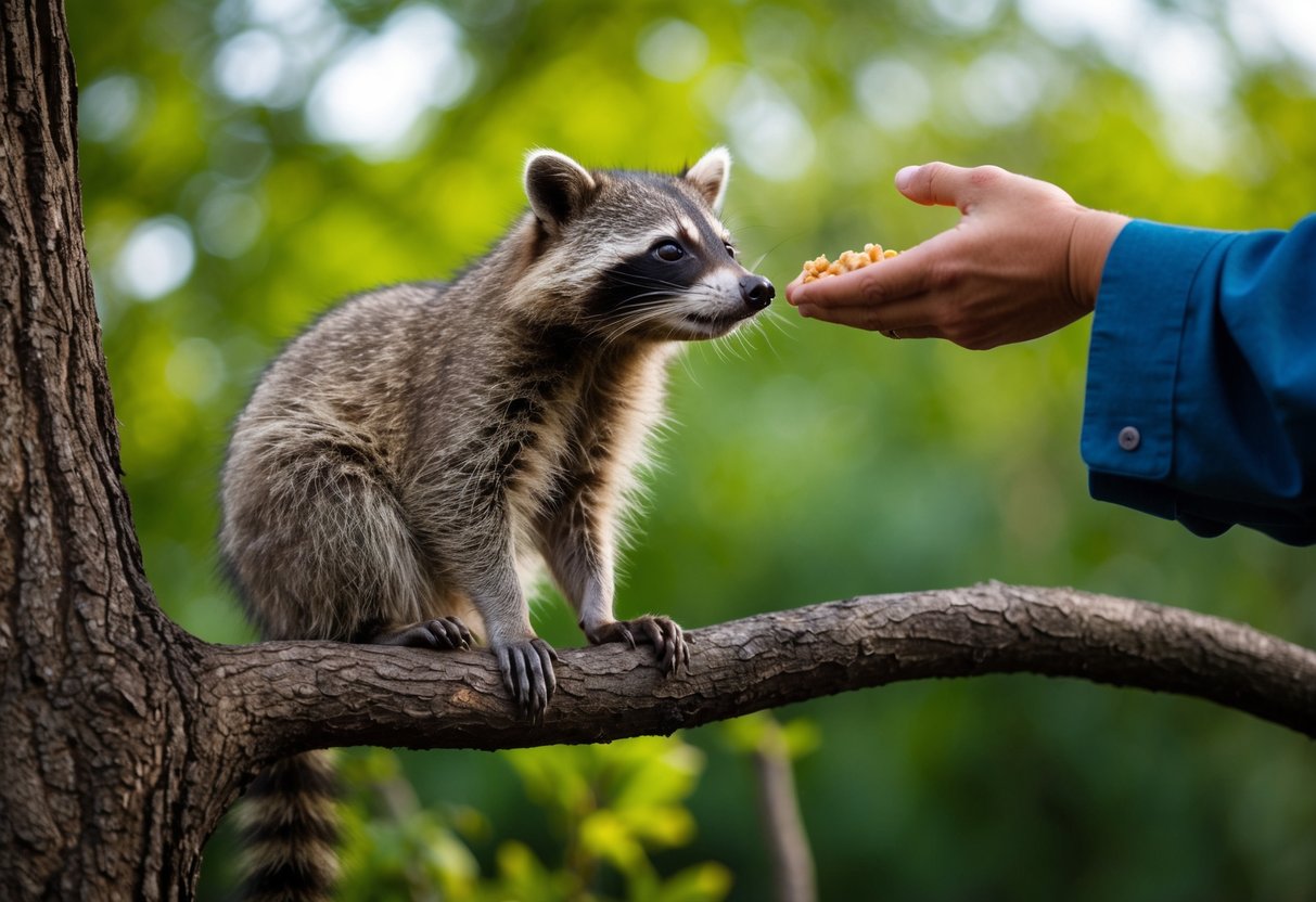 A raccoon sits on a tree branch, looking curiously at a person's outstretched hand offering food. The person's face is not visible