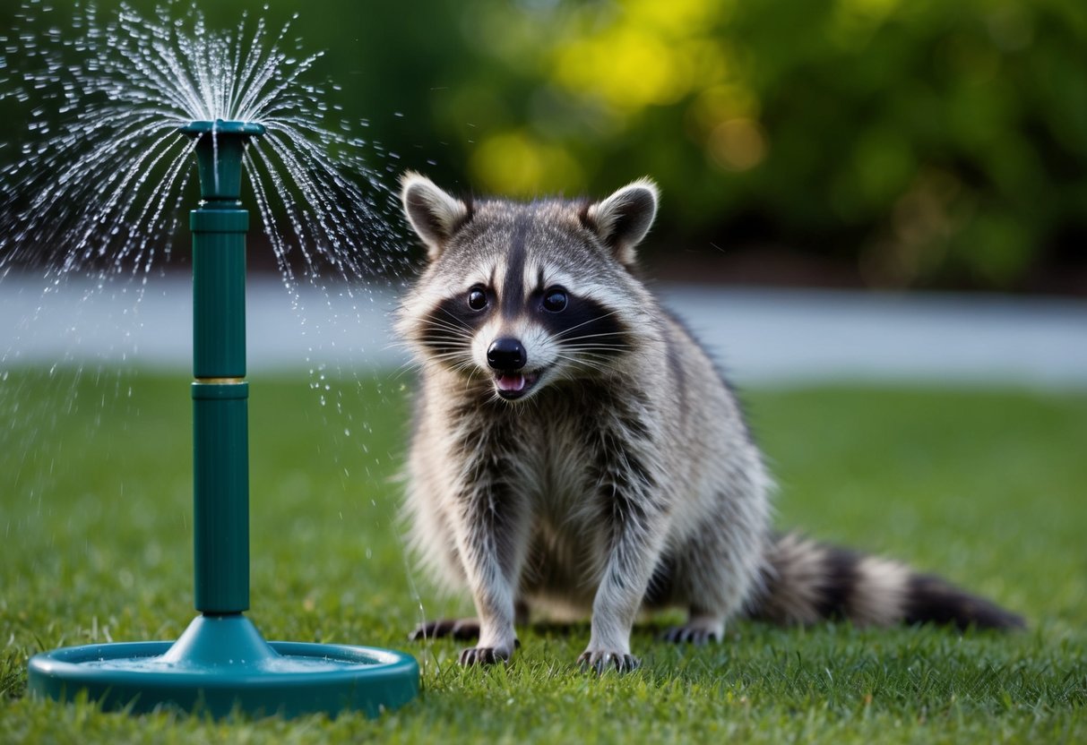A raccoon cowers at the sight of a motion-activated sprinkler, its eyes wide with fear as water sprays in its direction