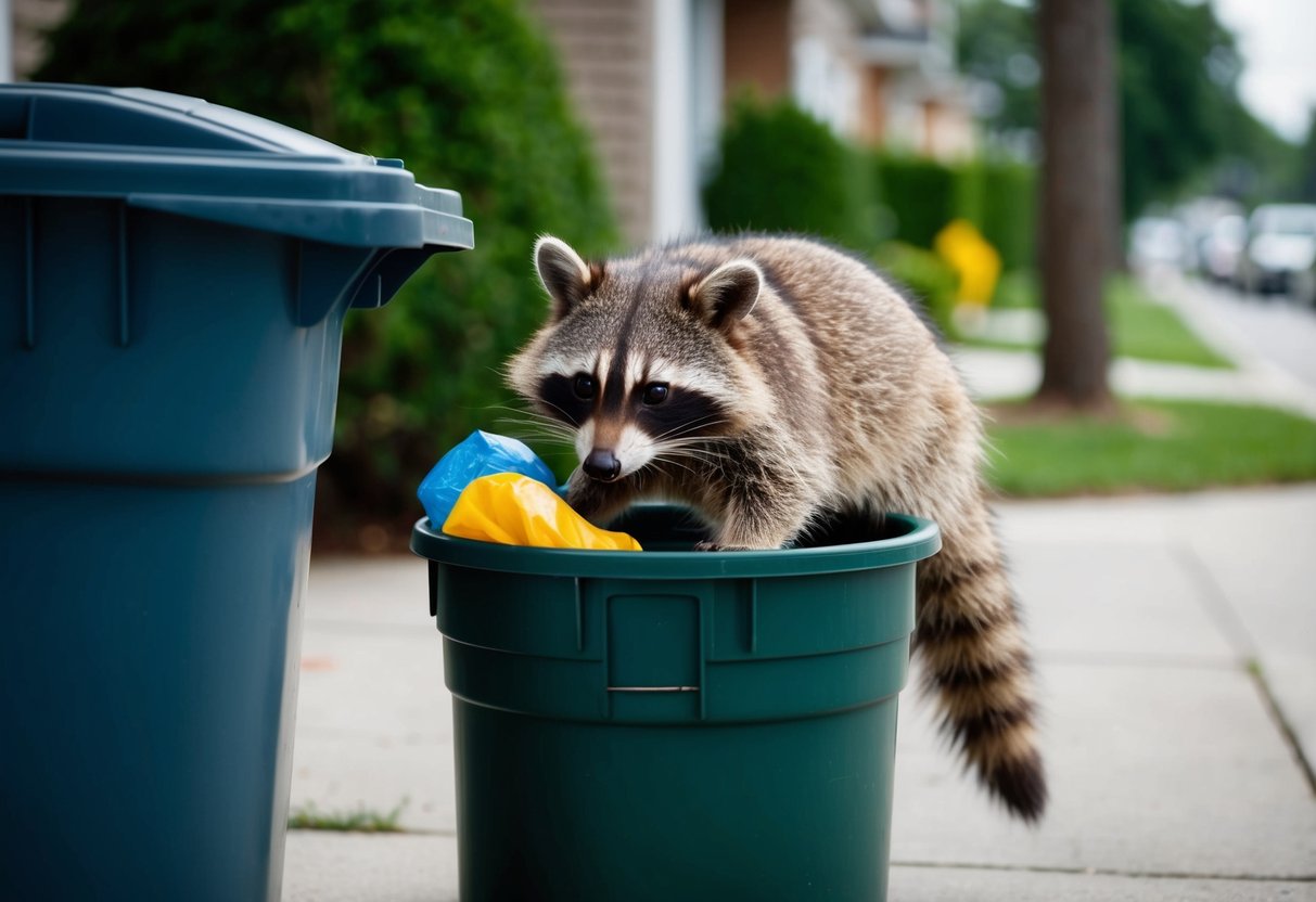 A raccoon scavenging through a garbage bin in a suburban neighborhood in the United States