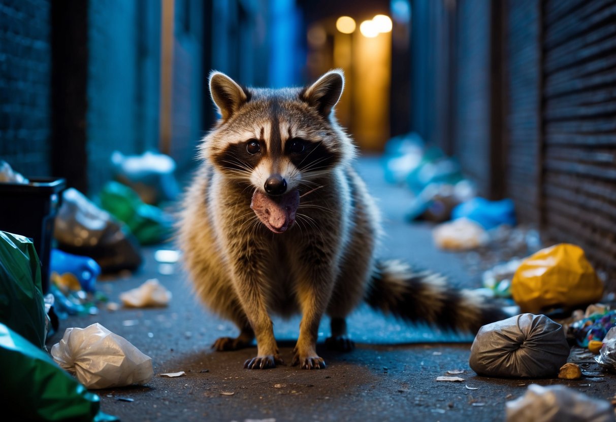 A raccoon with a rat in its mouth, surrounded by scattered garbage in a dimly lit alleyway