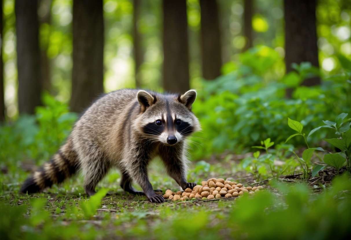 A raccoon forages for food in a lush forest in the United States