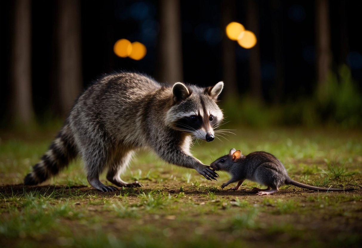 A raccoon hunting a rat in a forest at night