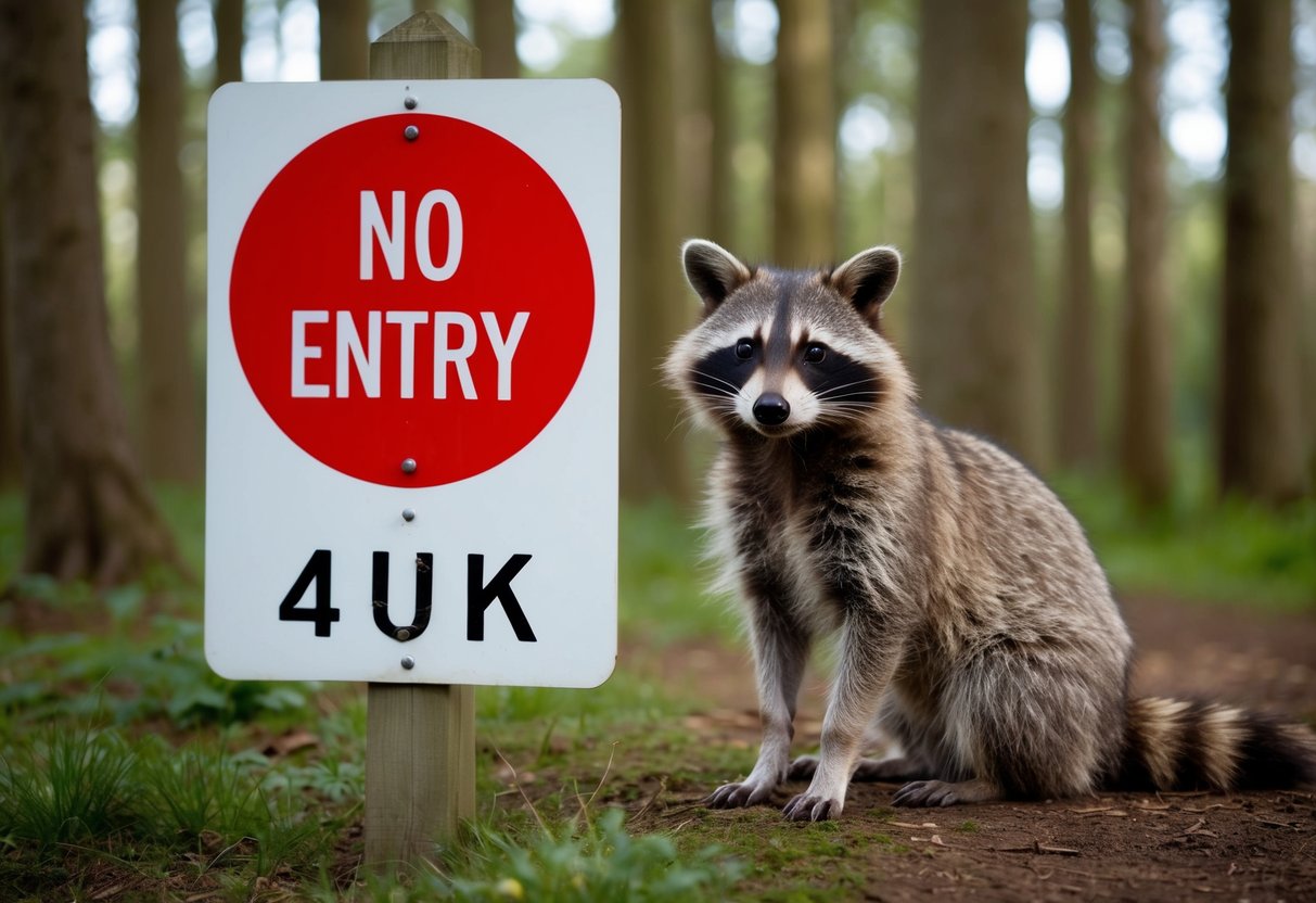 A raccoon dog sitting behind a "No Entry" sign in a UK forest