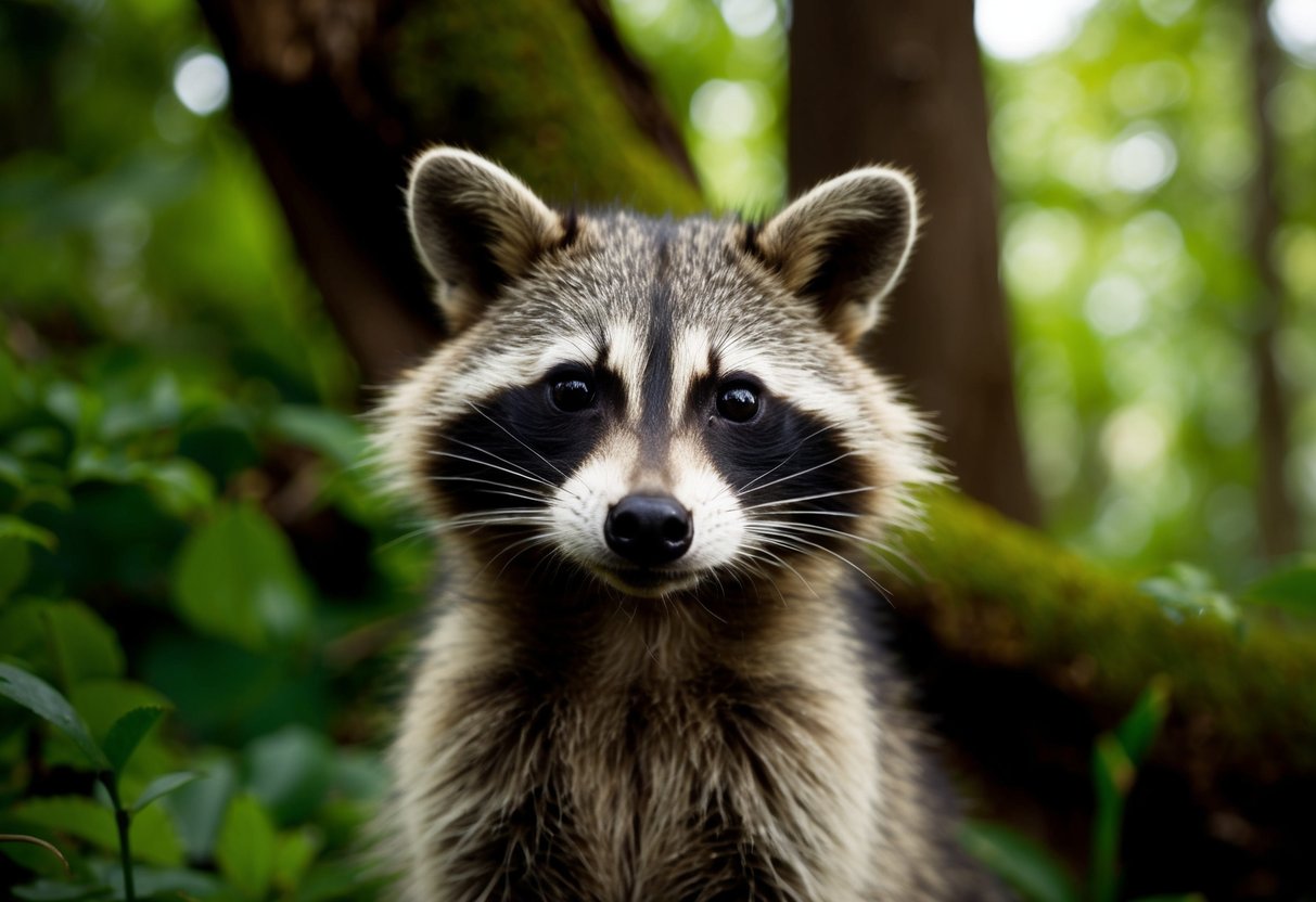 A raccoon dog peers out from a lush forest, its curious eyes reflecting the natural surroundings