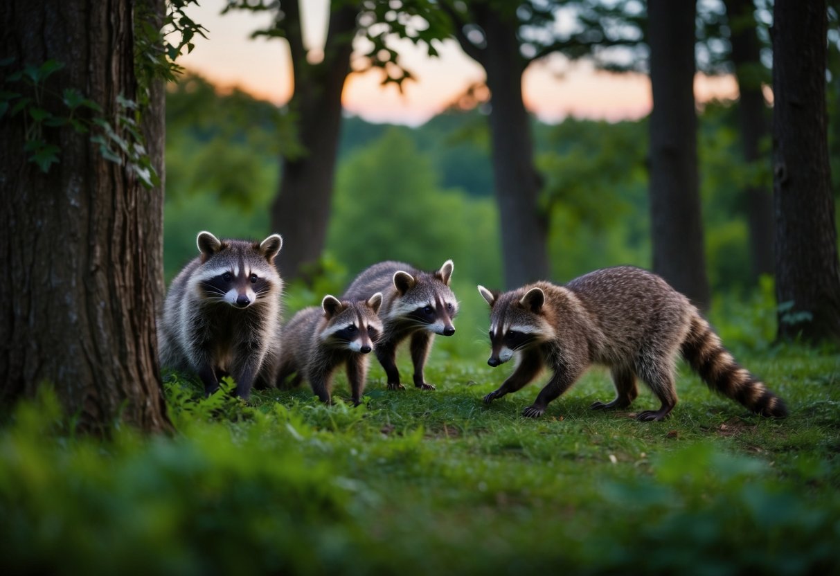 A raccoon family explores a lush French forest at dusk, foraging for food among the trees and underbrush