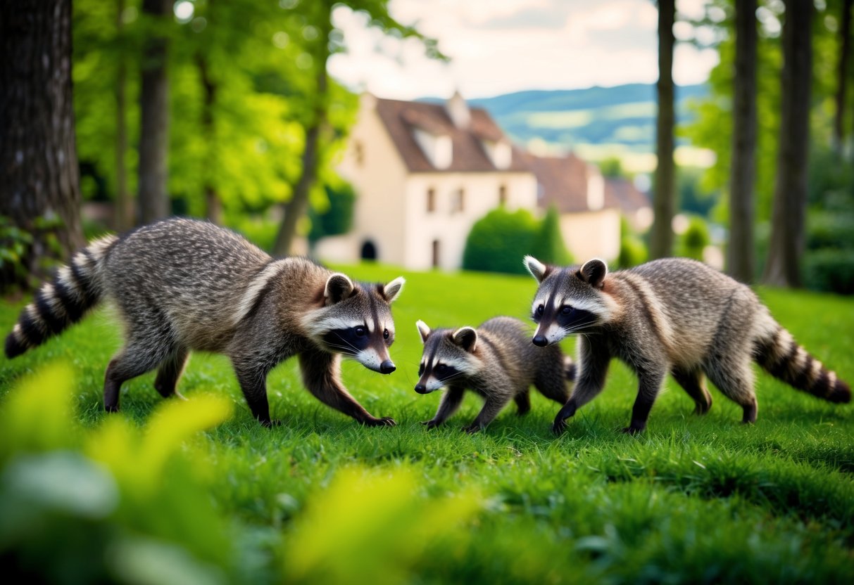 A family of raccoons exploring a lush forest in Europe, with a quaint French village in the background