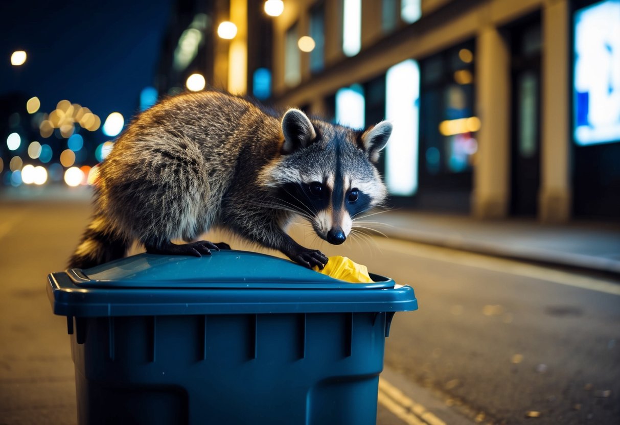 A raccoon-like animal foraging in a trash bin at night in a UK city