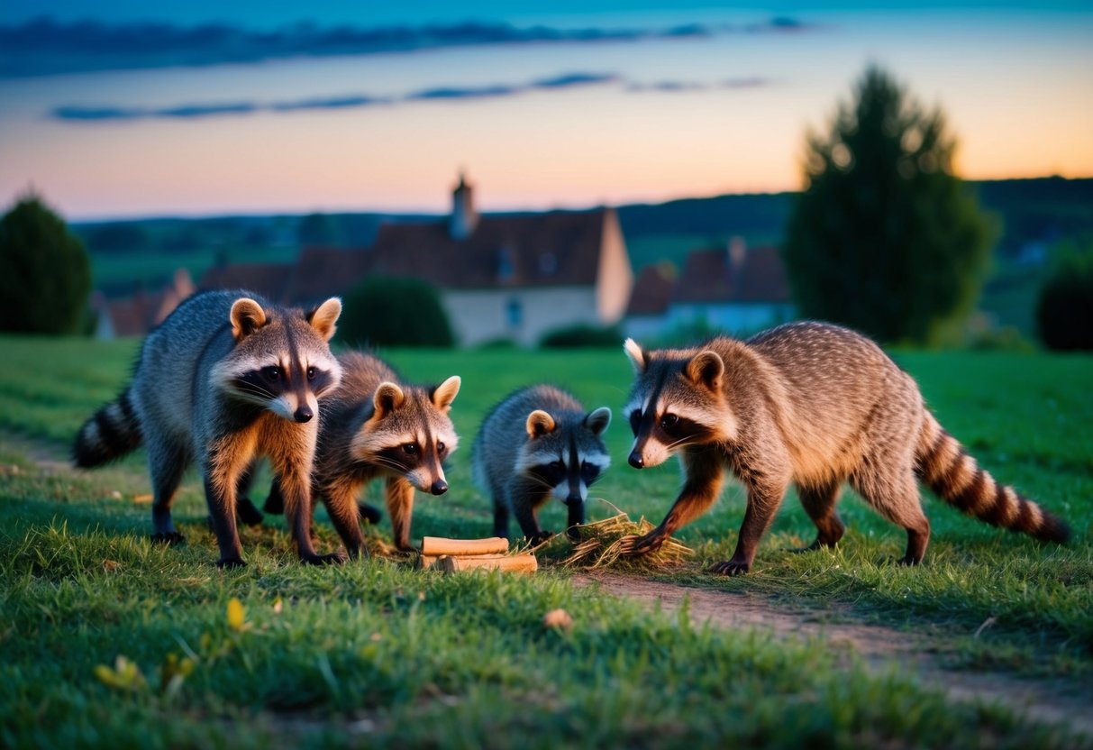 A family of raccoons foraging near a French countryside village at dusk