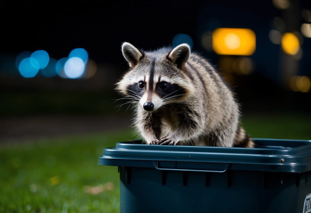 A raccoon-like animal in the UK scavenging through a trash bin at night, with its distinctive mask-like facial markings and ringed tail