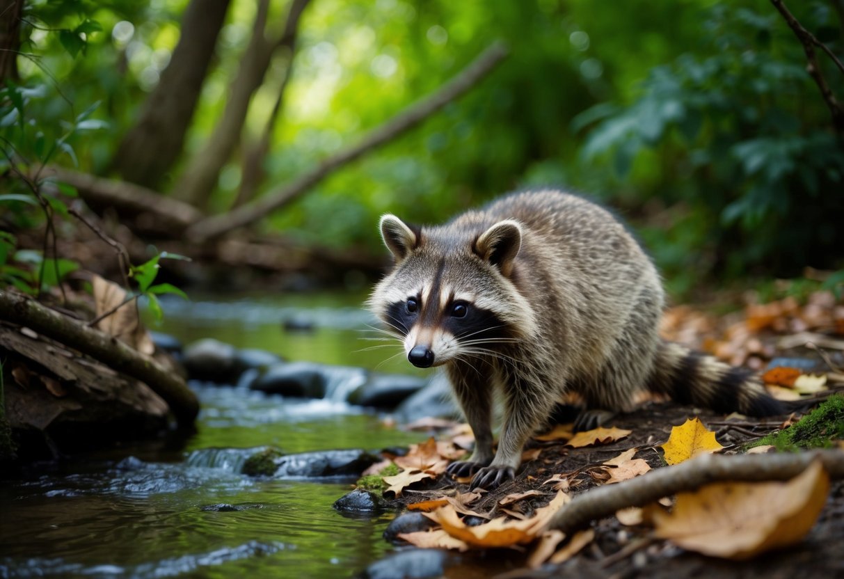 A raccoon with distinctive facial markings sits near a stream in a lush forest, foraging for food among fallen leaves and branches