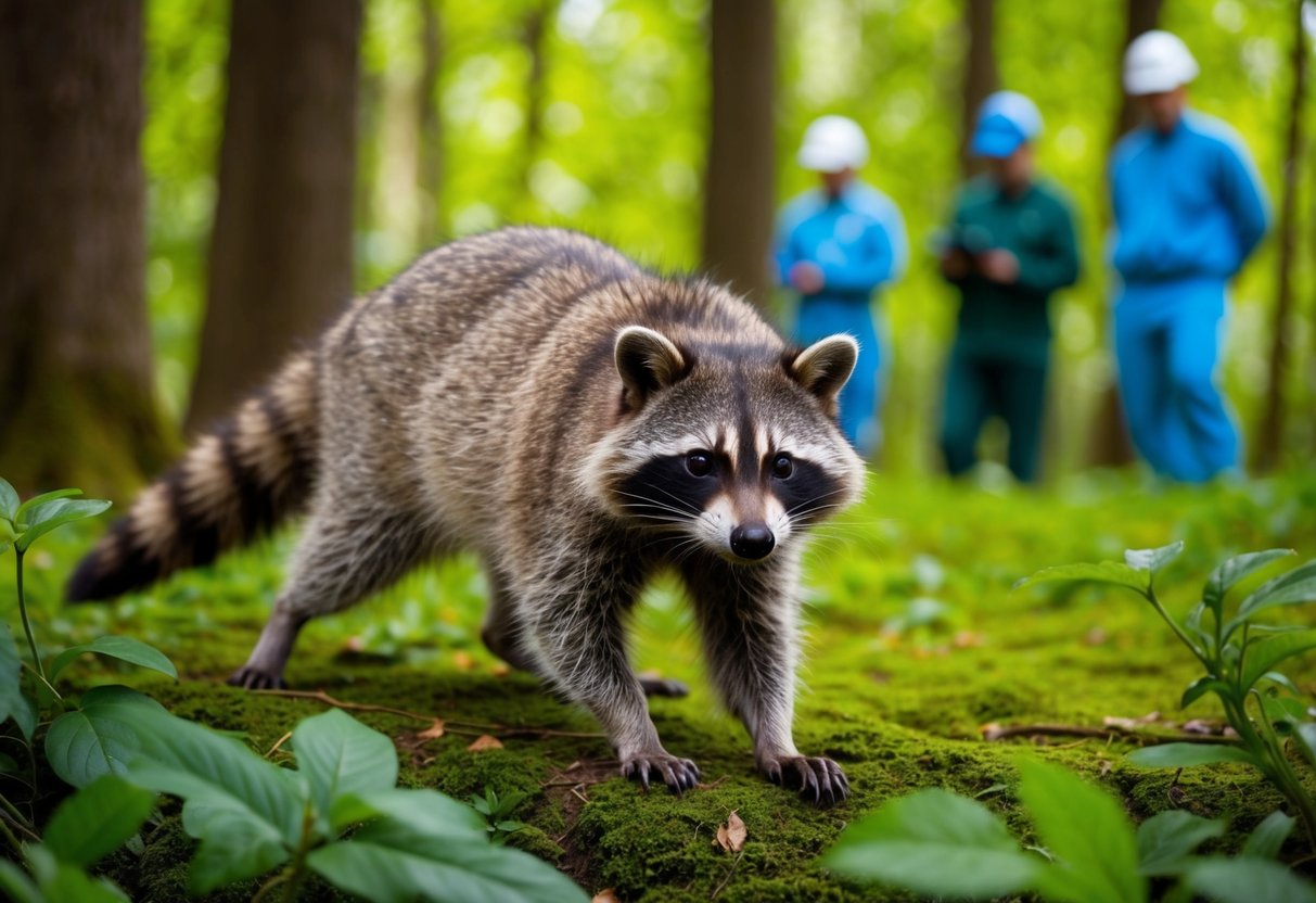 A raccoon cautiously explores a lush forest in France, while conservationists monitor its presence from a distance