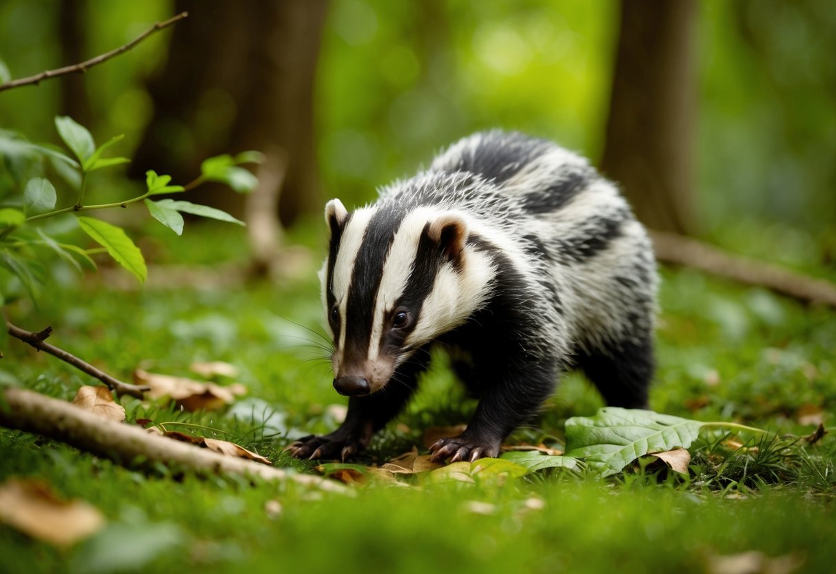 A badger-like animal forages in a lush, green forest, using its dexterous paws to search for food among the fallen leaves and branches