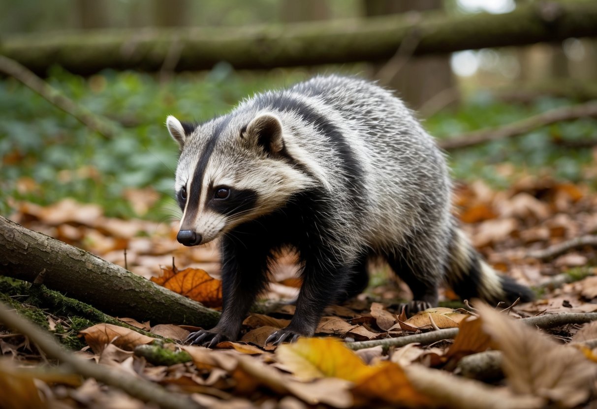A raccoon-like animal in the UK, for example, a badger, could be depicted for an illustration in a woodland setting, foraging for food among fallen leaves and branches, with a wary expression on its face