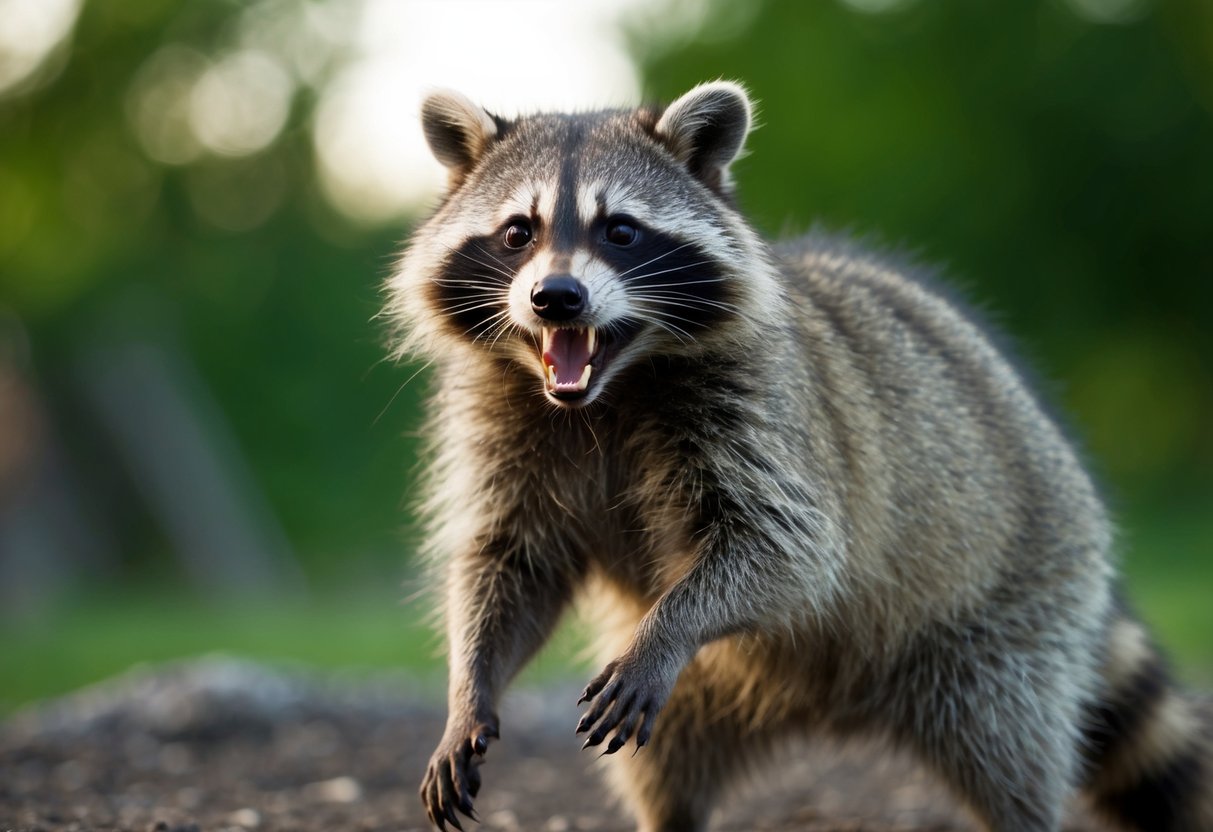 A raccoon bares its teeth and hisses, standing on its hind legs with its fur puffed up