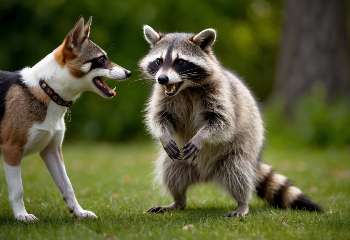 A raccoon stands defensively, baring its teeth at a wary dog while its fur puffs up, ready to defend itself