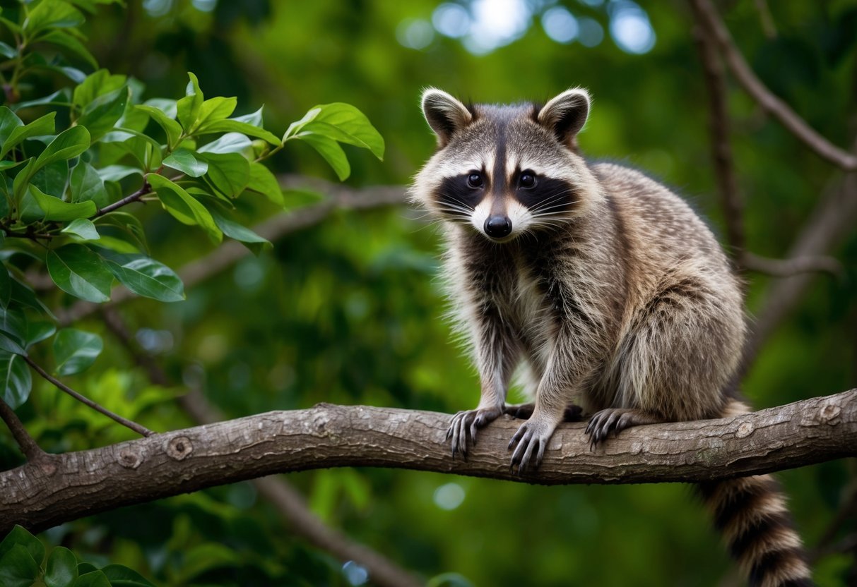 A raccoon sits on a tree branch, surrounded by lush green foliage, with its distinctive mask and ringed tail