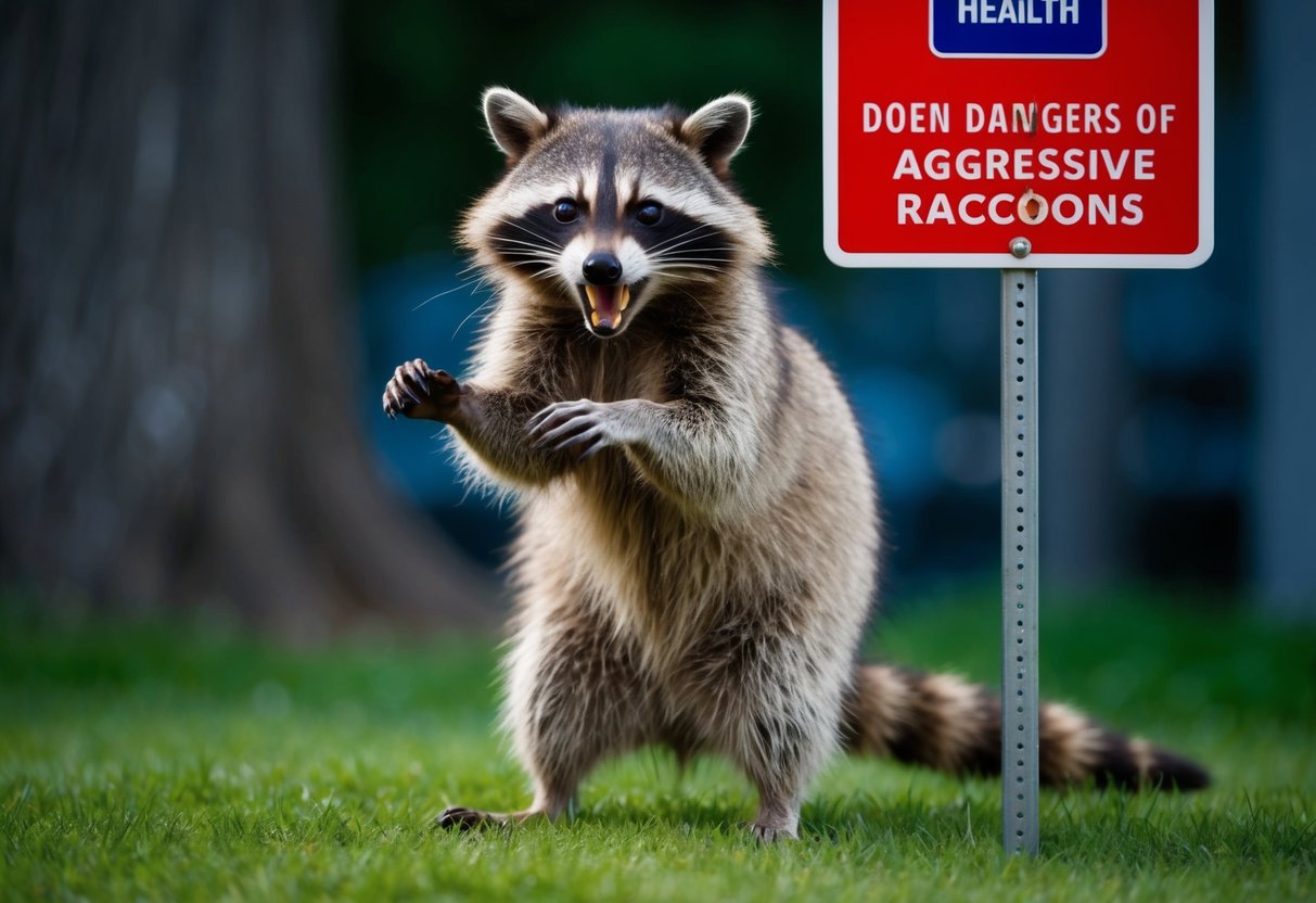 A raccoon bares its teeth and hisses, standing on its hind legs in a defensive posture. A public health sign warns of the dangers of aggressive raccoons