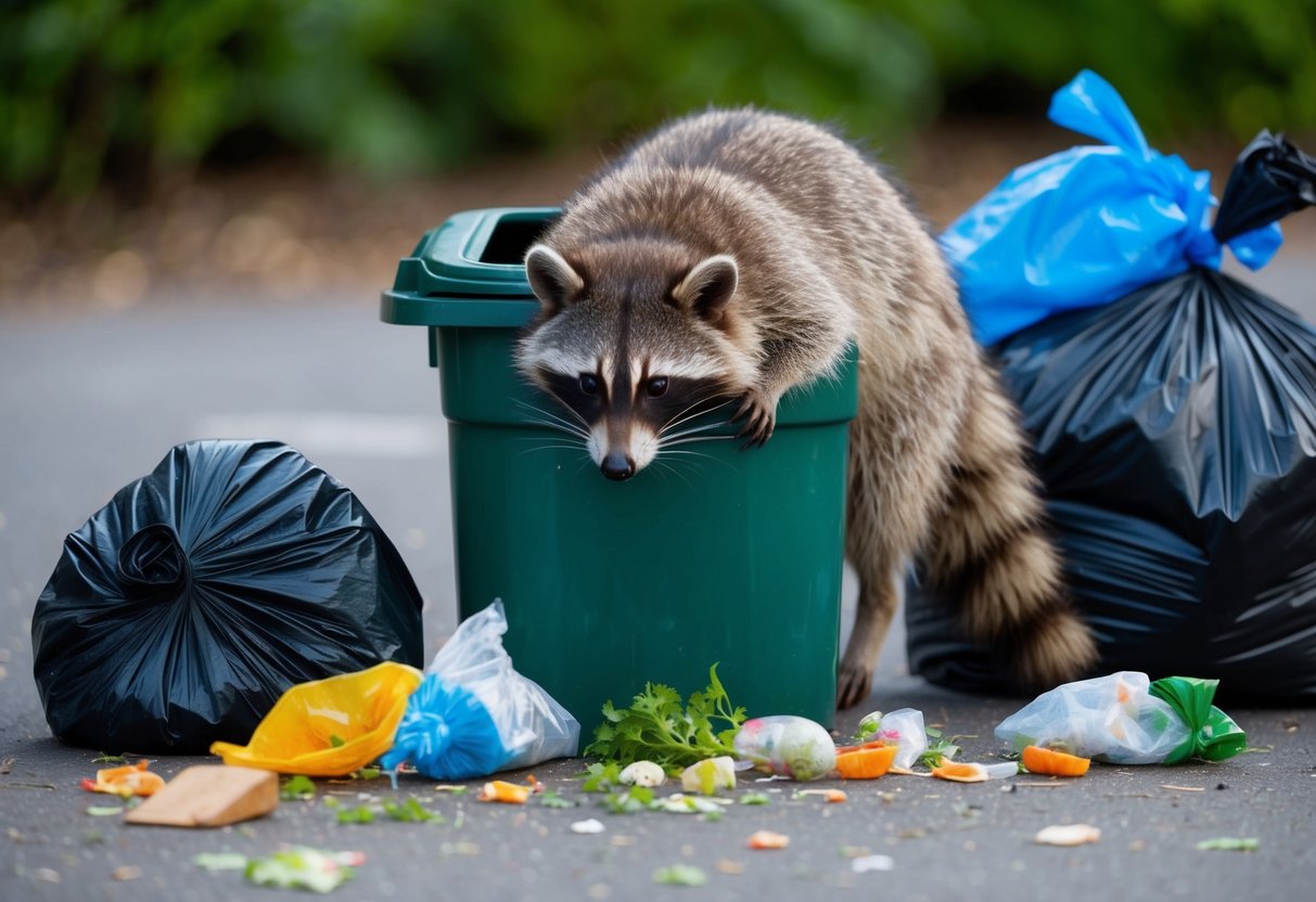 A raccoon foraging through a trash can, surrounded by scattered food scraps and garbage bags