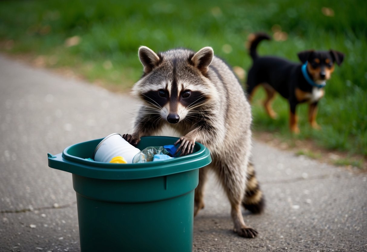 A raccoon scavenges through a trash can, while a small dog watches from a distance