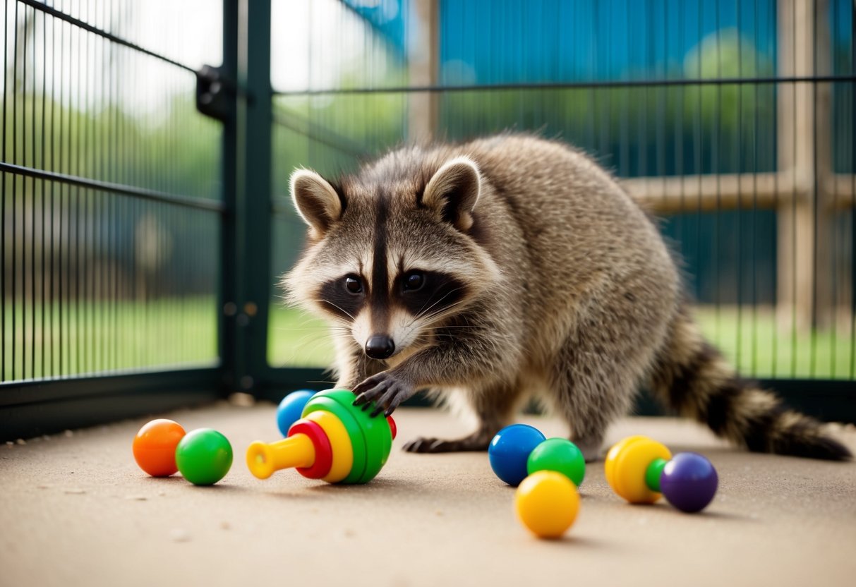 A raccoon happily plays with toys in a spacious, enriching enclosure, showcasing their intelligence and adaptability as a potential pet