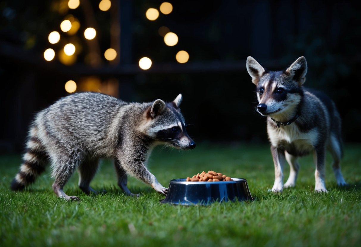 A raccoon approaches a small dog's food bowl in a backyard at night. The dog watches from a distance, looking wary