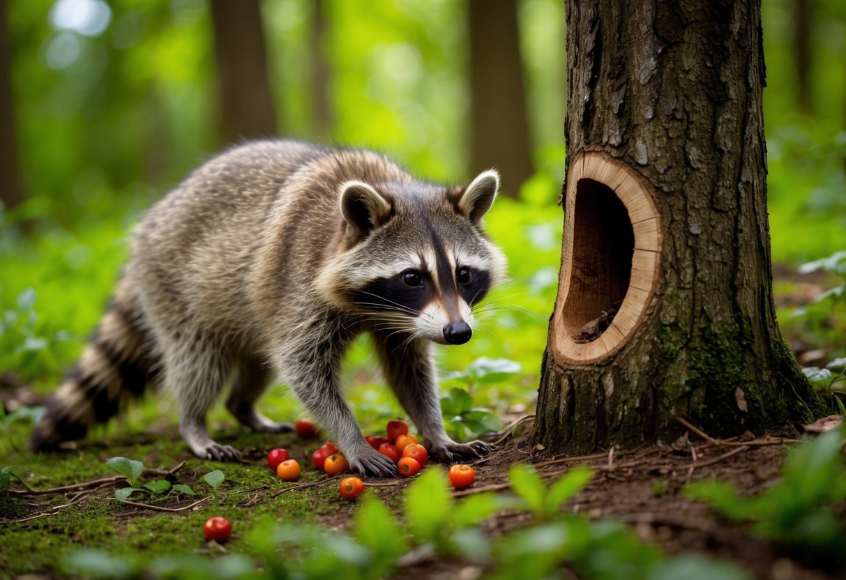 A raccoon explores a lush forest, foraging for berries and inspecting a hollow tree for shelter