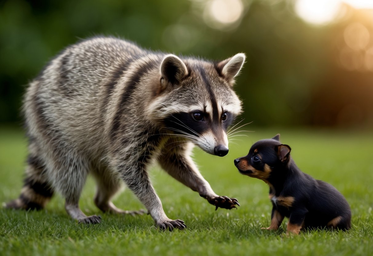 A raccoon lurks near a small dog, sizing it up with a curious and calculating gaze