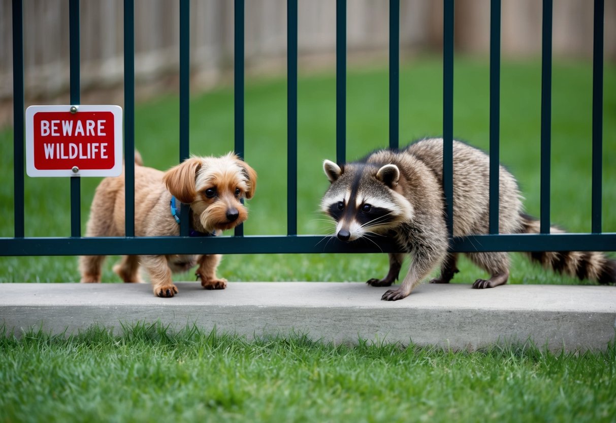 A raccoon sits at the edge of a fenced yard, eyeing a small dog through the bars. The dog looks wary, while a sign on the gate reads "Beware of Wildlife."