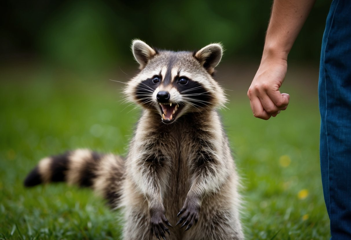 A raccoon bares its teeth and hisses at a person, standing with its back arched and fur raised in a defensive posture