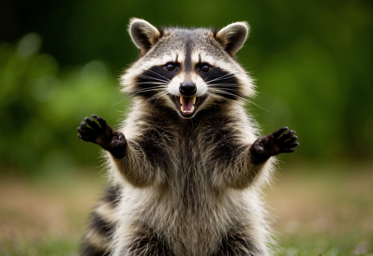 A raccoon bares its teeth and hisses, standing on its hind legs in a defensive posture. Its fur is raised, and its eyes are fixed on a perceived threat
