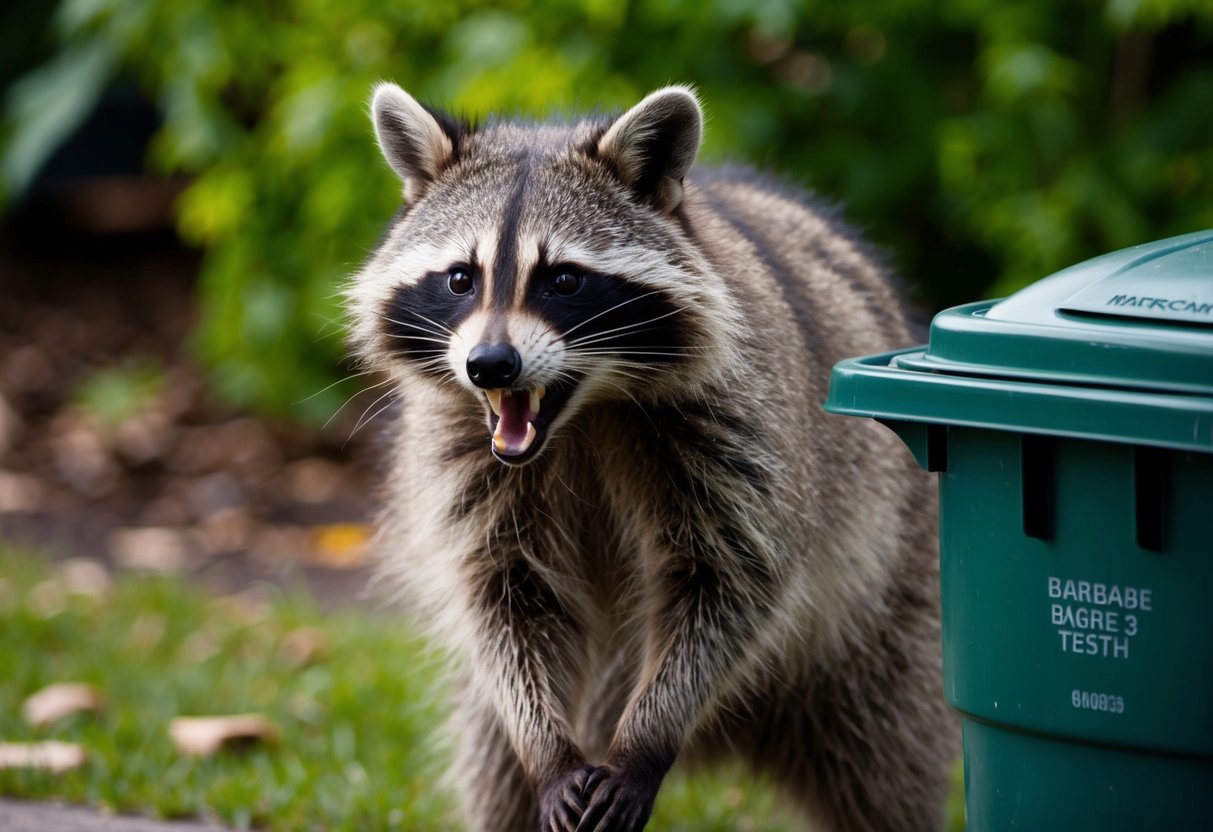 A raccoon bares its teeth and hisses, standing near a garbage can. Its fur is matted and it looks sickly