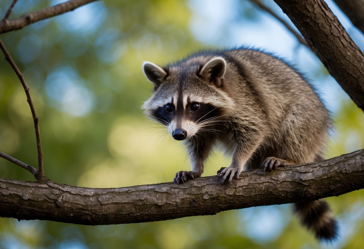 A raccoon perches on a tree branch, its masked face peering down with curiosity