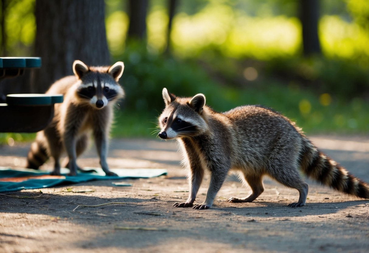 A raccoon cautiously approaches a human-free picnic area, while another raccoon stands guard at the edge of the forest