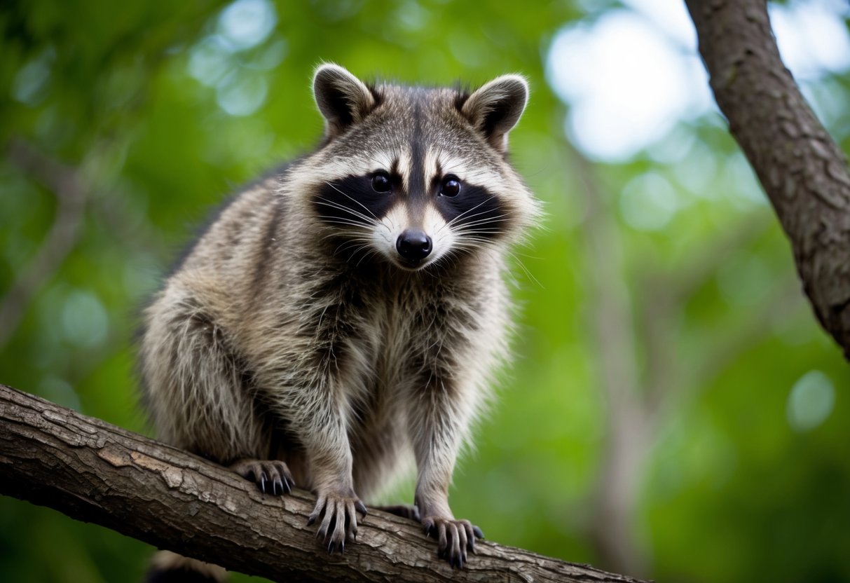 A raccoon sitting on a tree branch, its masked face curious and alert, with a playful and mischievous expression