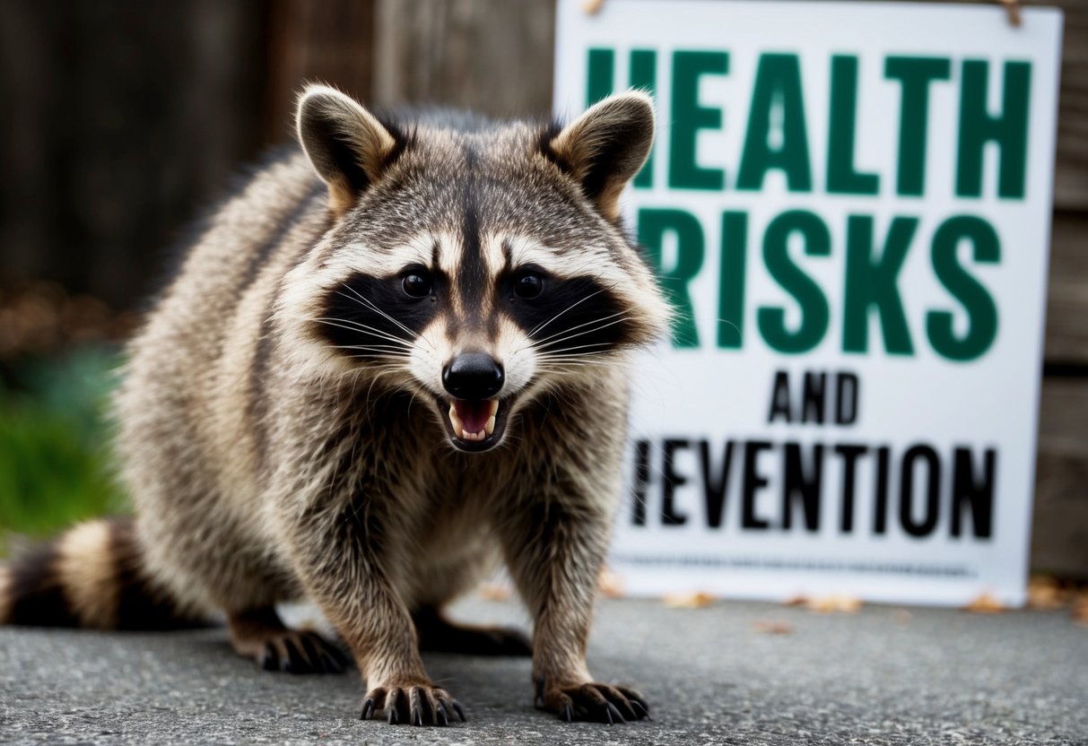 A raccoon bares its teeth and hisses defensively in front of a "Health Risks and Prevention" poster