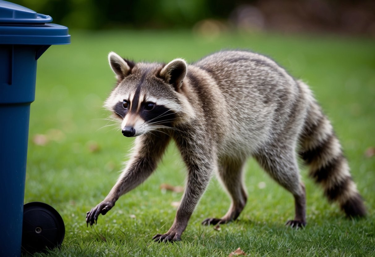 A raccoon cautiously approaches a trash can, its mask-like face and ringed tail clearly visible
