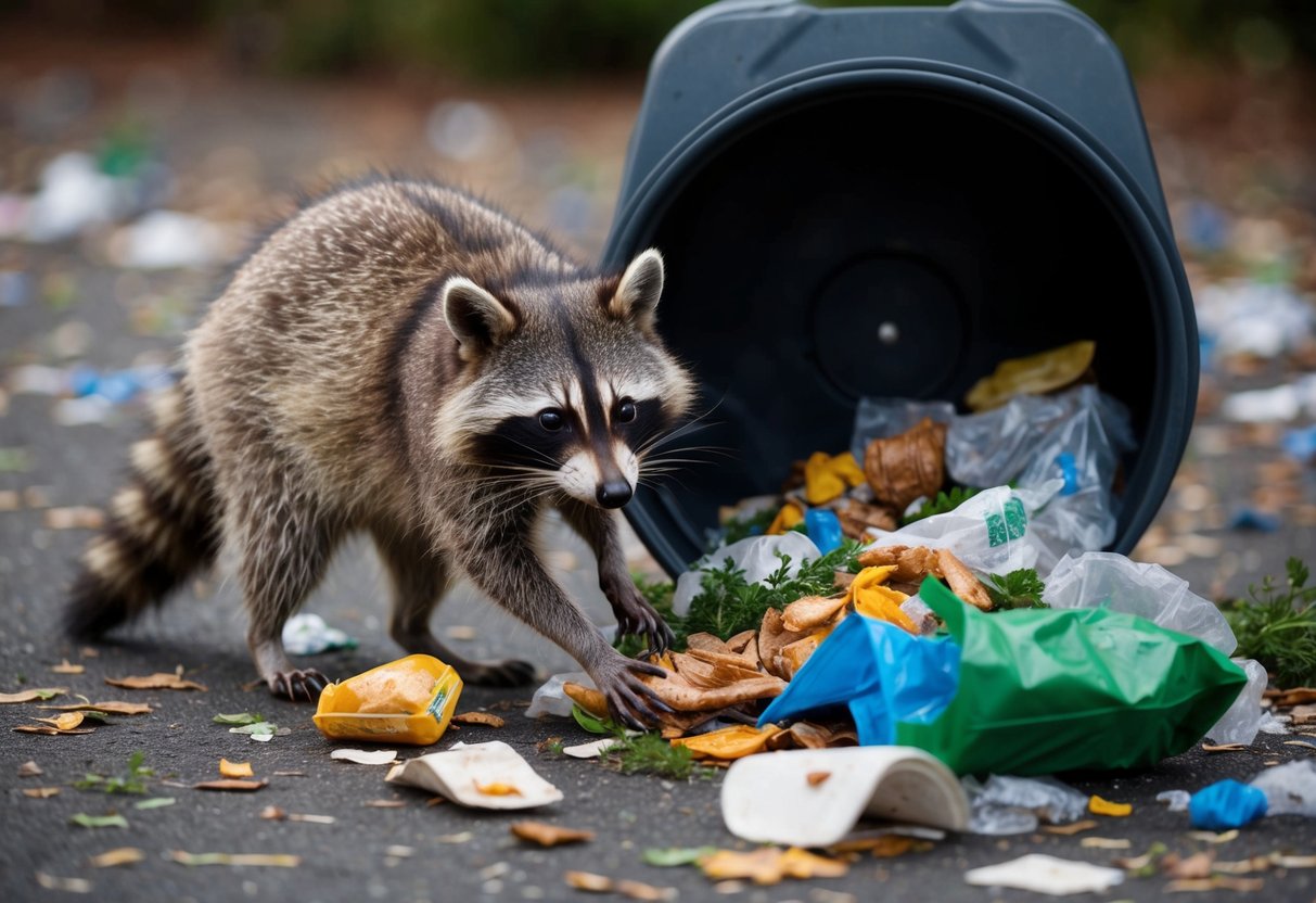 A raccoon rummages through a garbage can, surrounded by scattered trash and discarded food. Its sharp claws and teeth are visible as it searches for a meal