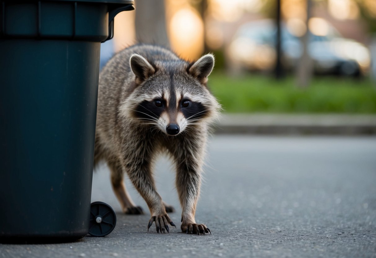 A raccoon cautiously approaches a trash can, its sharp claws and inquisitive eyes hinting at the potential threat it poses
