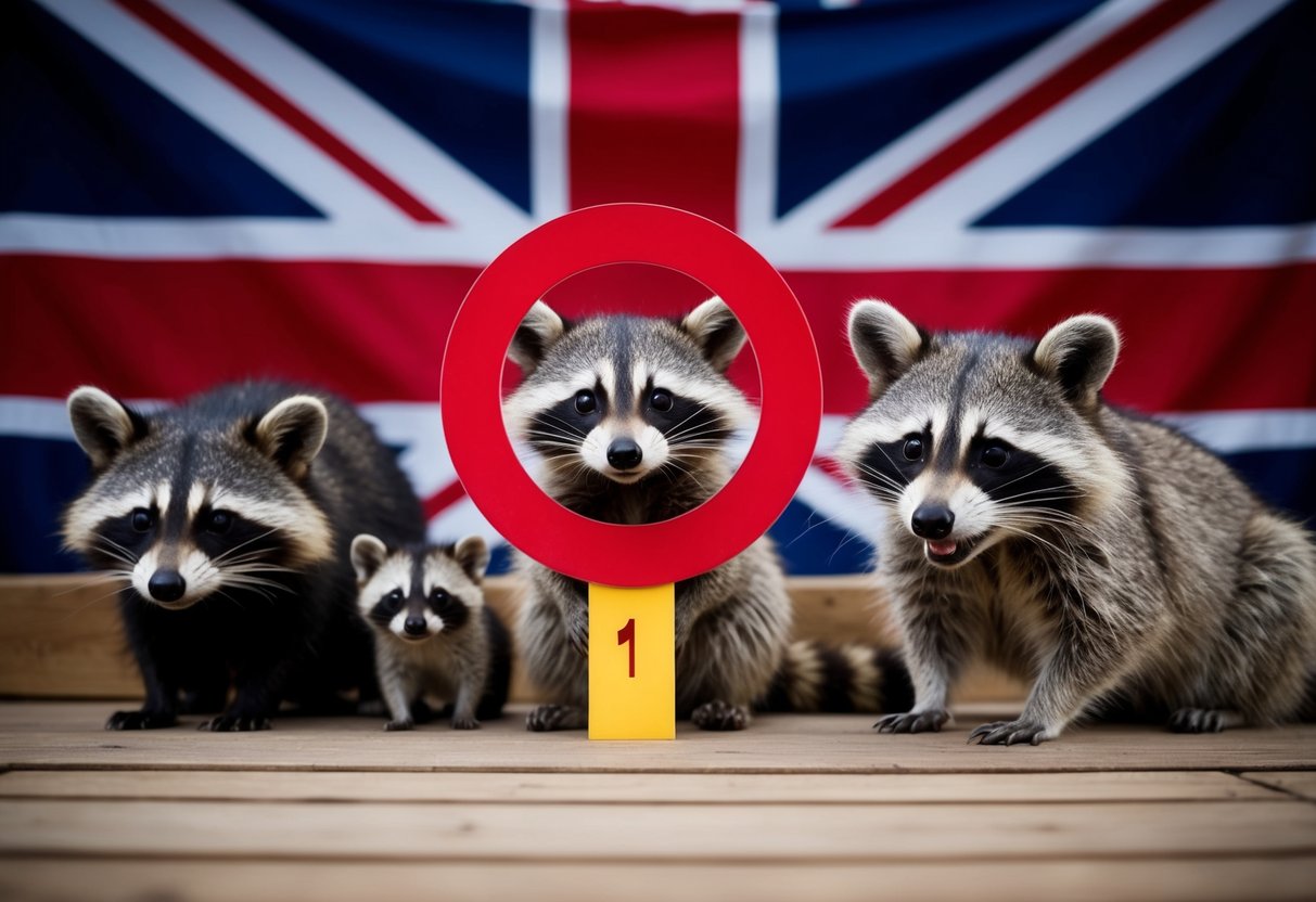 A sign with a red circle and slash over a raccoon, alongside other exotic animals, against a backdrop of the UK flag