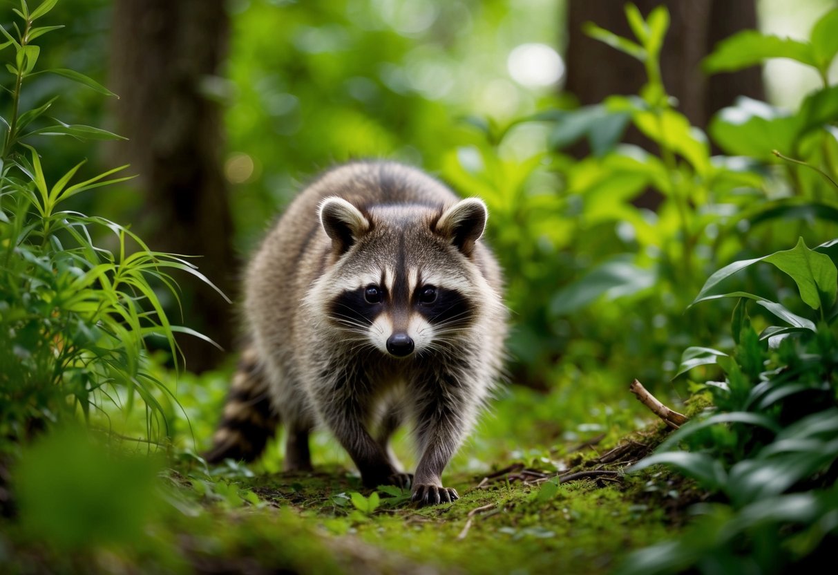 A raccoon forages through a lush forest, surrounded by diverse plant and animal life, showcasing its role in the ecosystem