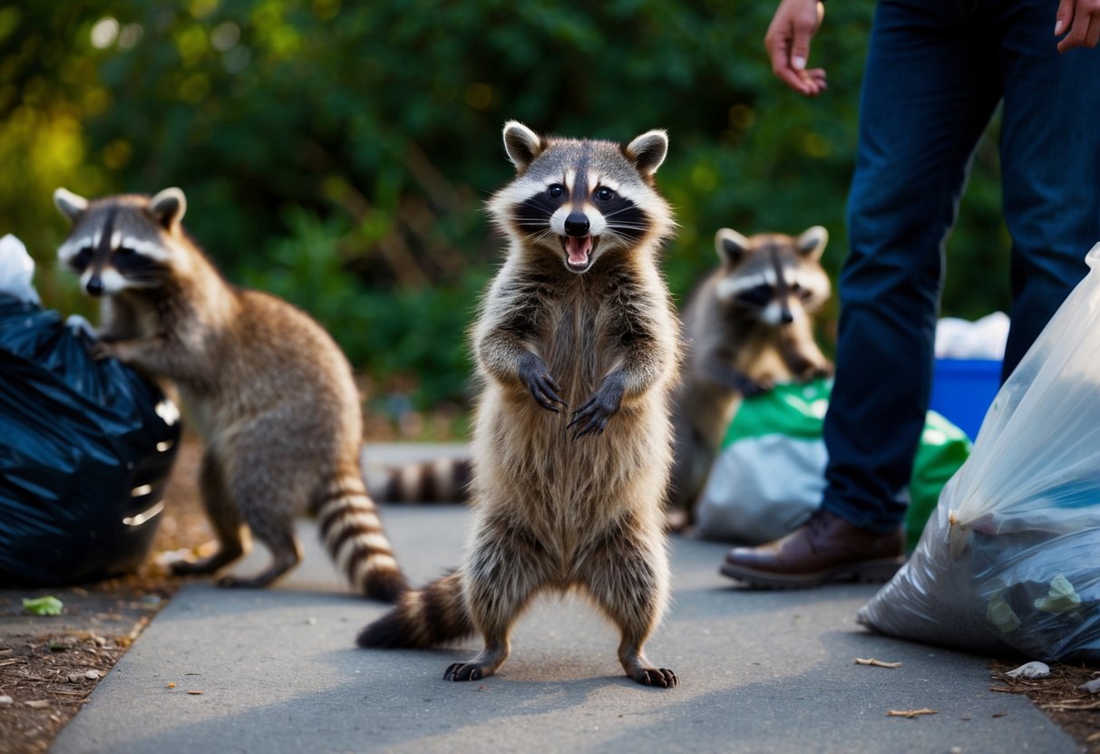 A raccoon standing on its hind legs, baring its teeth and hissing at a person, while other raccoons rummage through garbage in the background