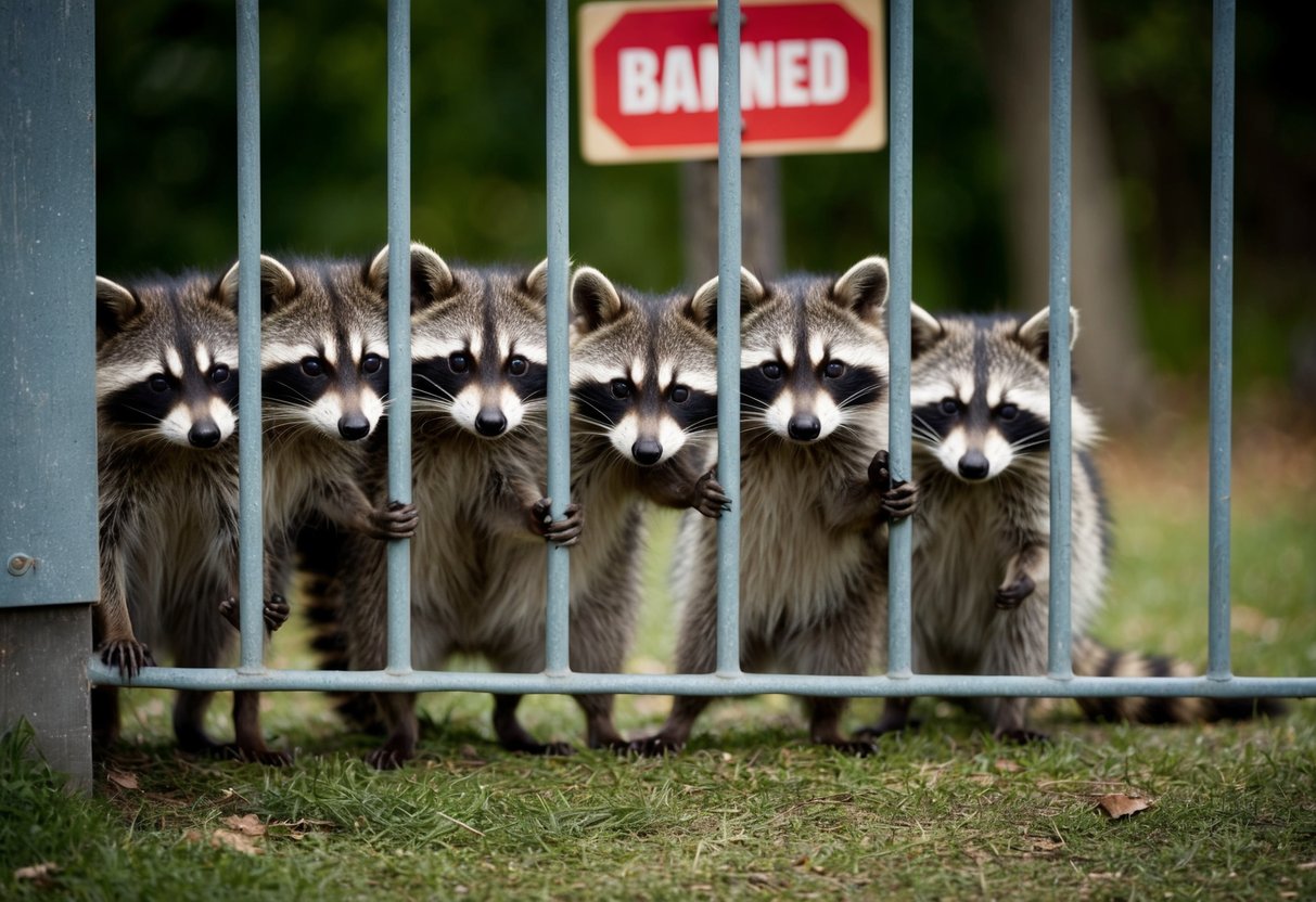 A group of raccoons peering through a barred gate with a "banned" sign in the background