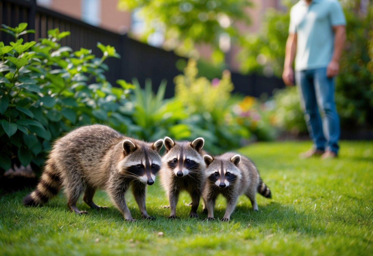 A raccoon family peacefully forages in a lush urban garden, while a cautious human observes from a distance